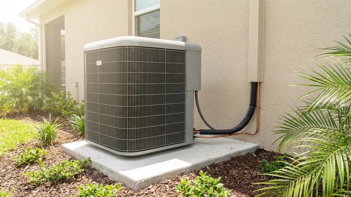 Outdoor air conditioning condenser on a concrete pad beside a Florida home