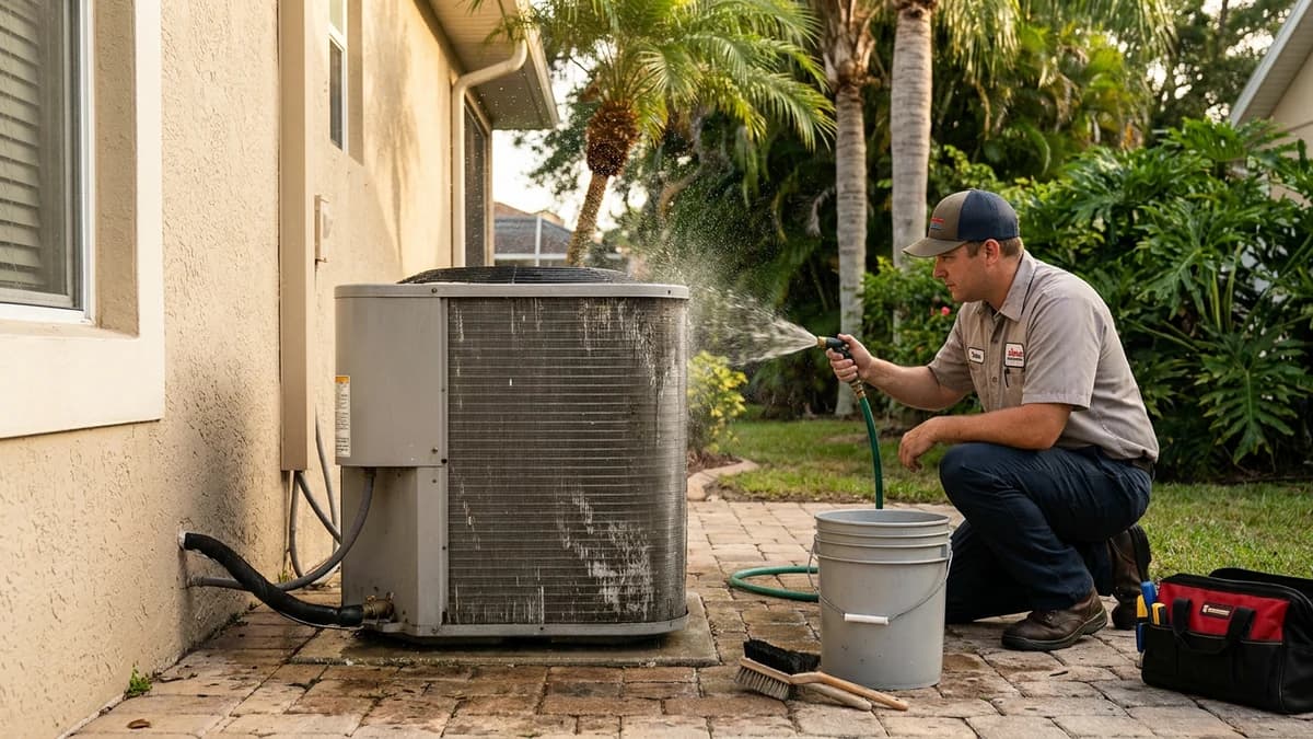 Technician cleaning the fins of an outdoor condenser coil with a hose