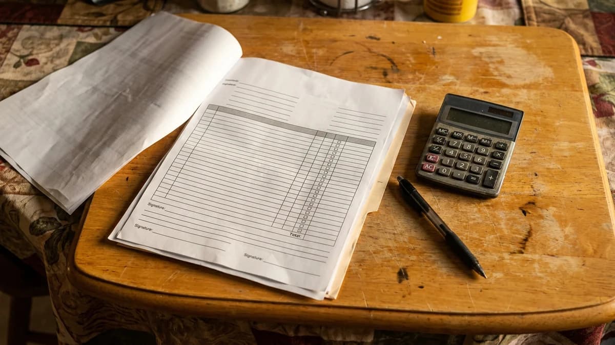 Blank estimate paperwork, a calculator, and a pen on a kitchen table