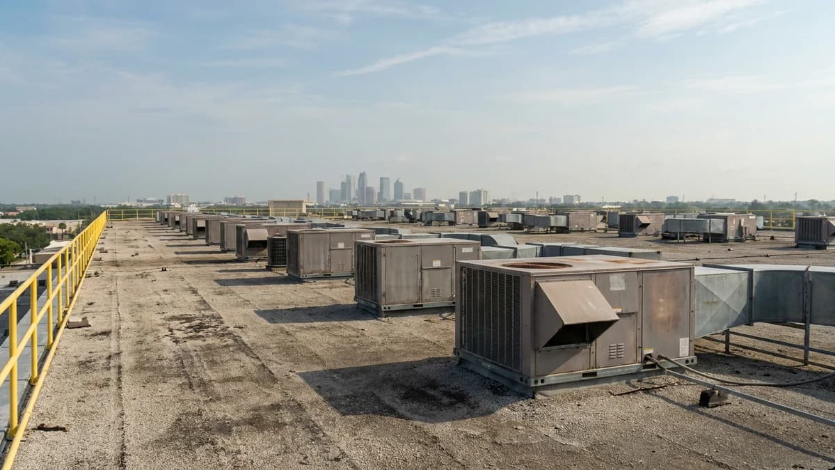 Packaged rooftop air conditioning units on a flat commercial roof