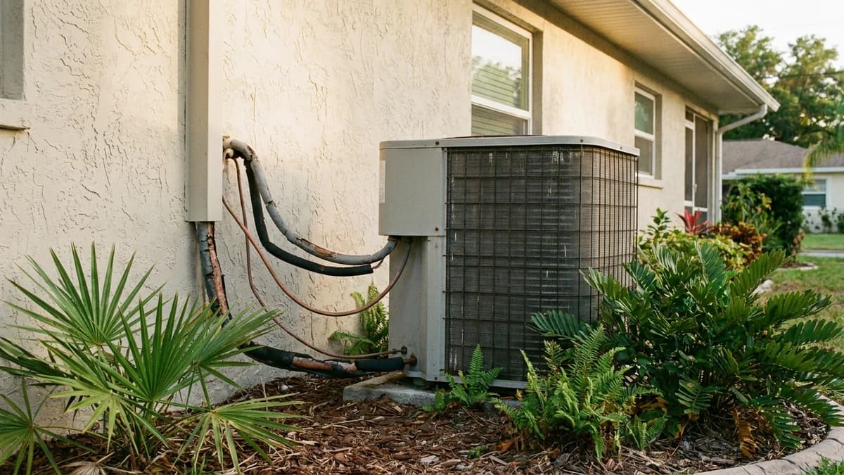 Outdoor heat pump unit beside a residential wall with copper refrigerant lines
