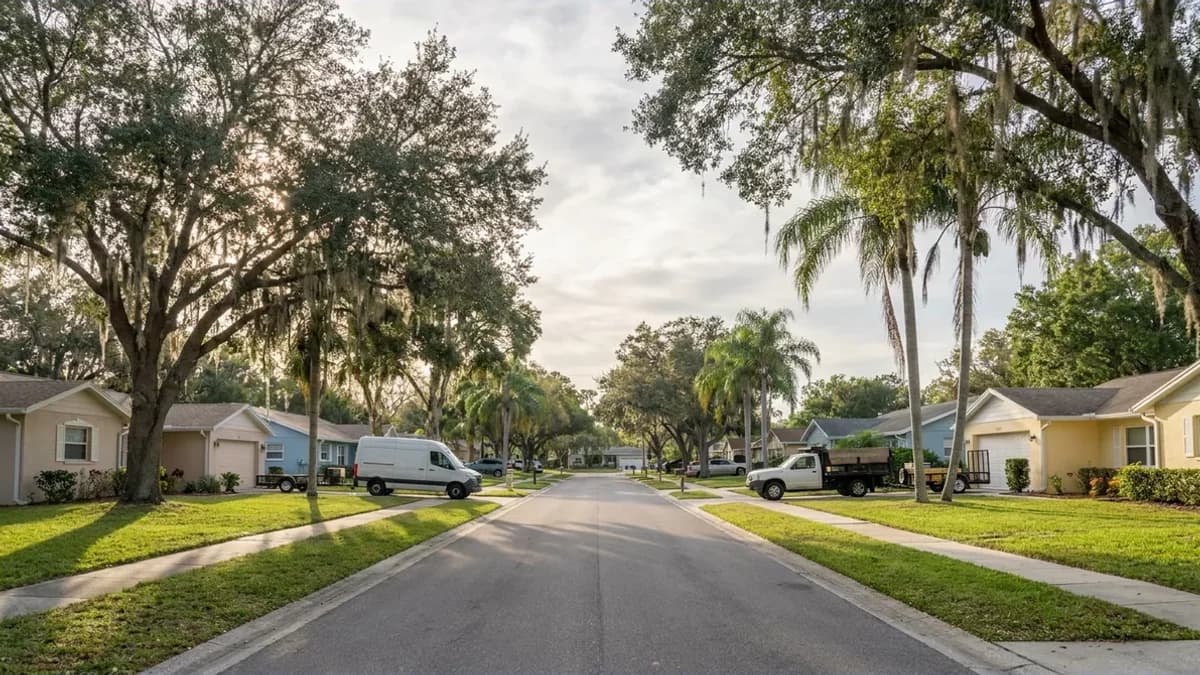 Suburban Florida street with single-story homes and palm trees
