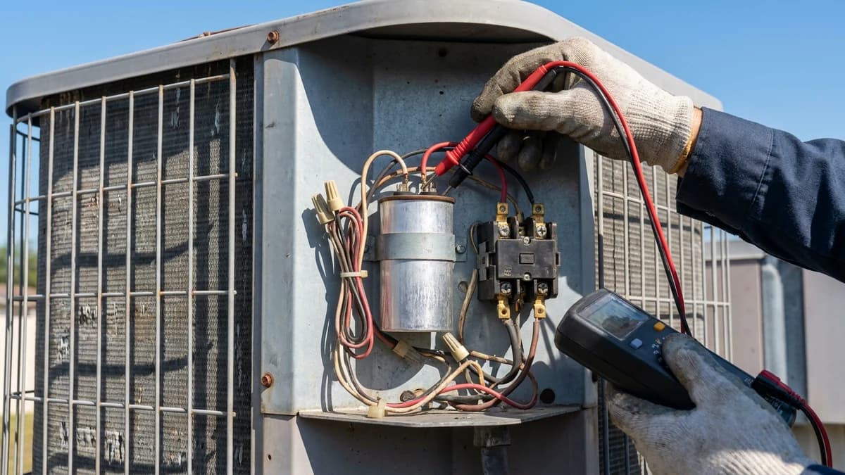 Run capacitor and contactor being tested inside an outdoor air conditioner