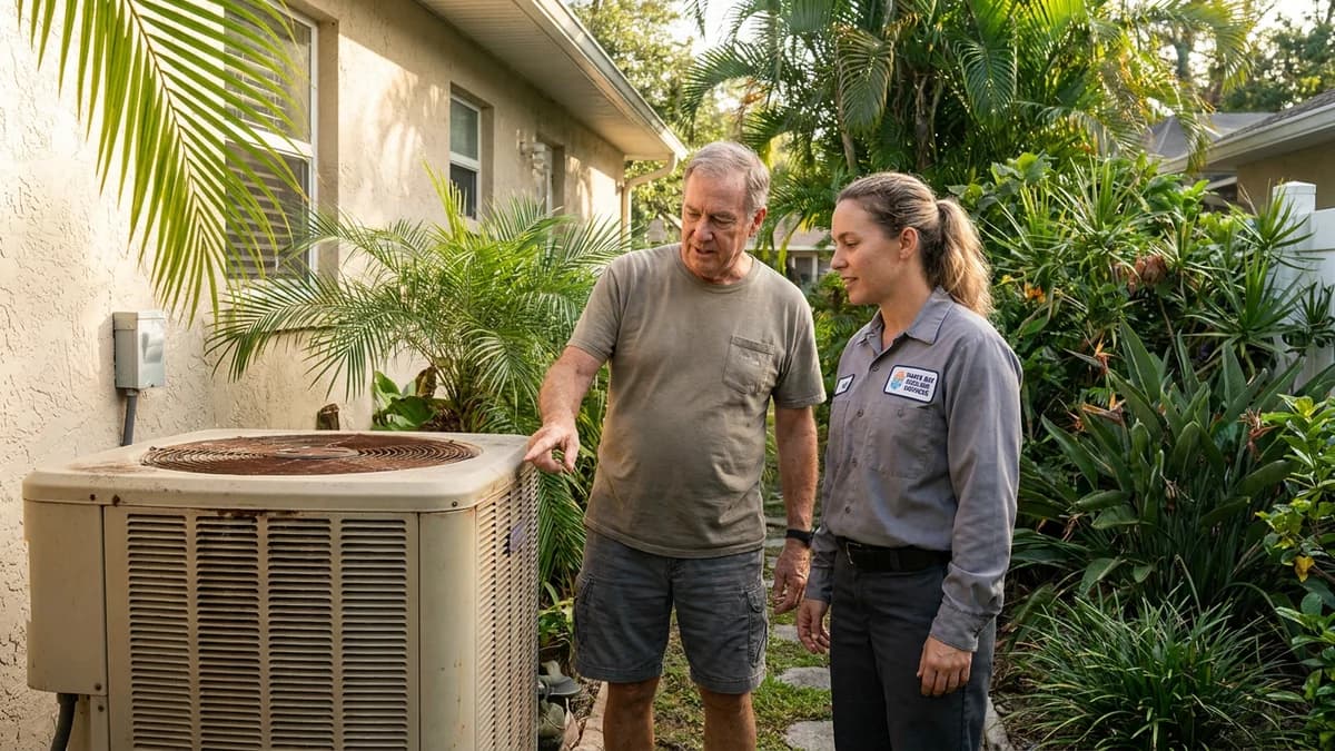 Homeowner and independent HVAC technician discussing an outdoor condenser