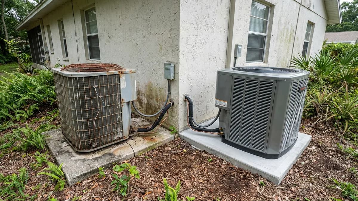 Weathered condenser beside a clean newer unit