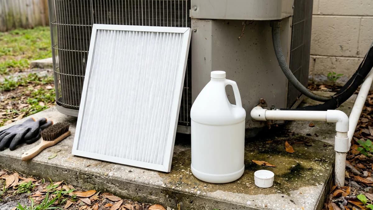 Clean air filter, plain vinegar bottle, and condensate pipe