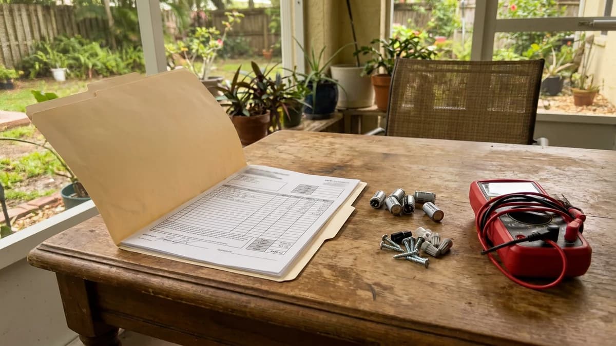 Blank repair folder and small HVAC hardware on a porch table