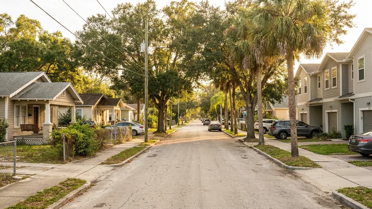 Tampa streetscape with older homes, townhomes, and palms
