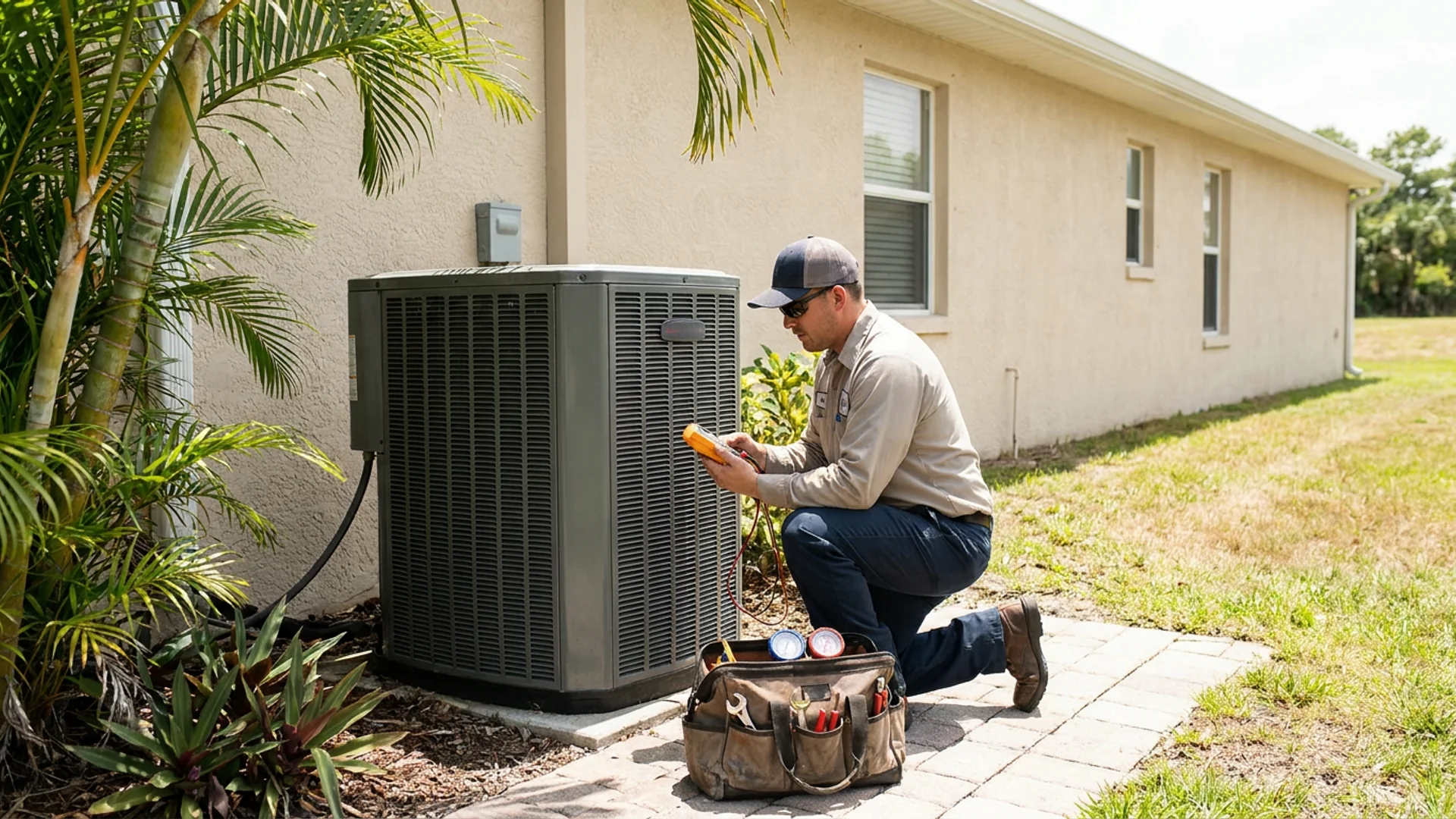 Technician checking an outdoor air conditioner beside a Tampa home